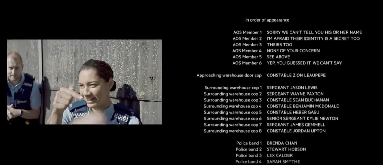 Image of the credits scroll at the end of the New Zealand police recruitment ad