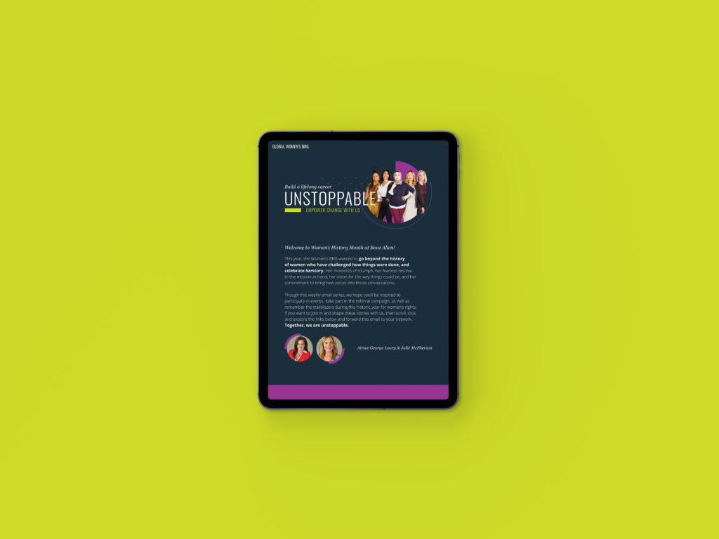 Booz Allen Unstoppable Women's HerStory Campaign iPad email over yellow